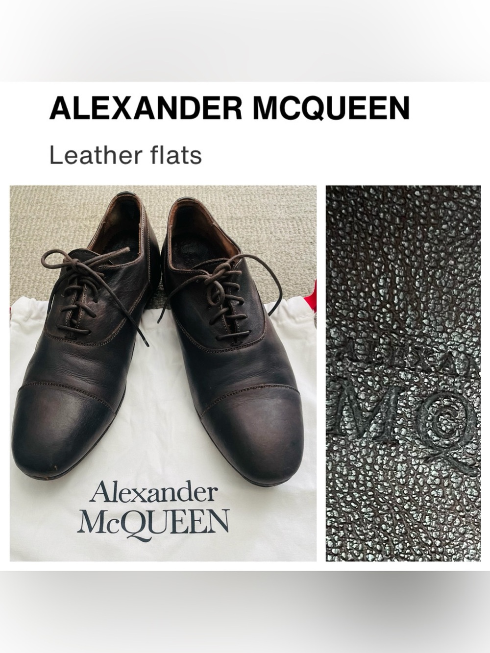 ALEXANDER McQUEEN Dark Brown Leather Cap-Toe Lace-Up Oxfords & Dust Bag- 43.5